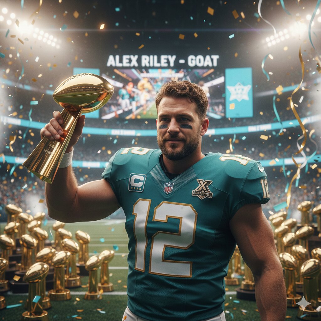 Alex Riley holding a championship trophy in the stadium
